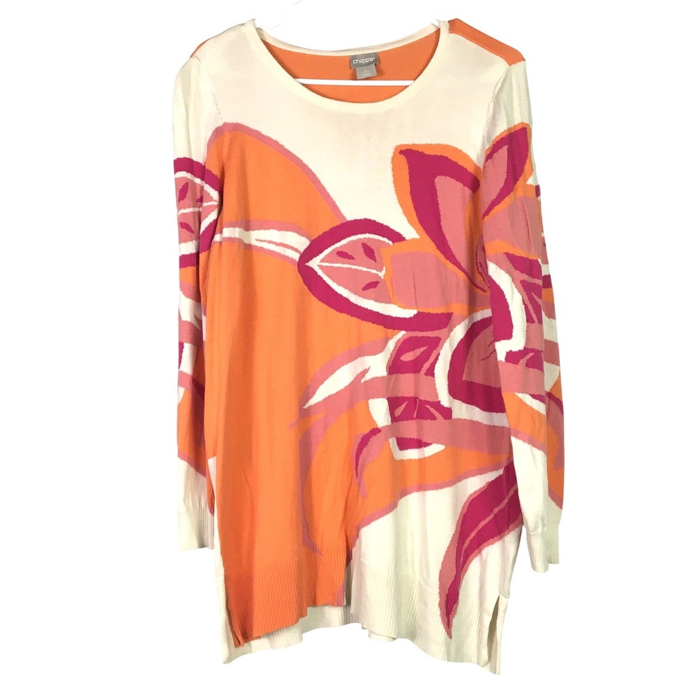 Chico's Floral Intarsia Knit Tunic Sweater Size 2 L Orange Pink Cream